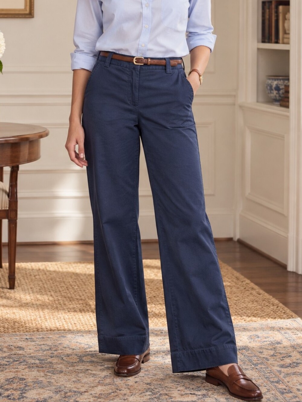 J.Crew Classic Twill Wide Leg Pants Size 8 Navy Cotton Preppy Heritage Trousers
